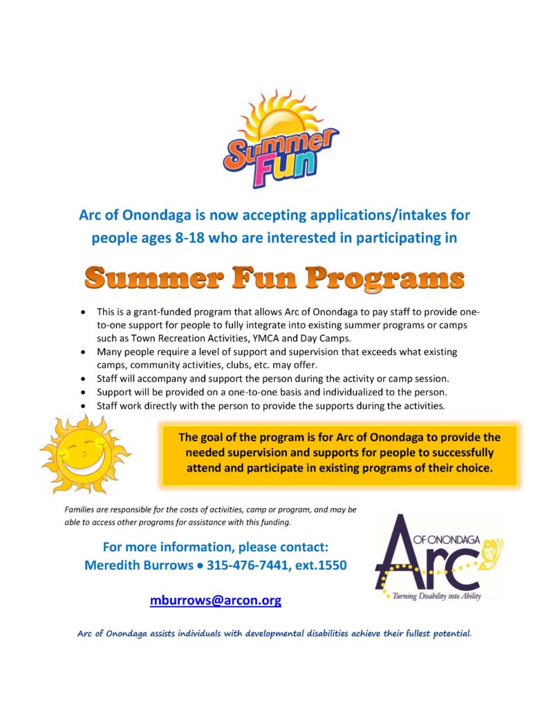 Summer Fun Program. ENROLL NOW! Arc Of Onondaga
